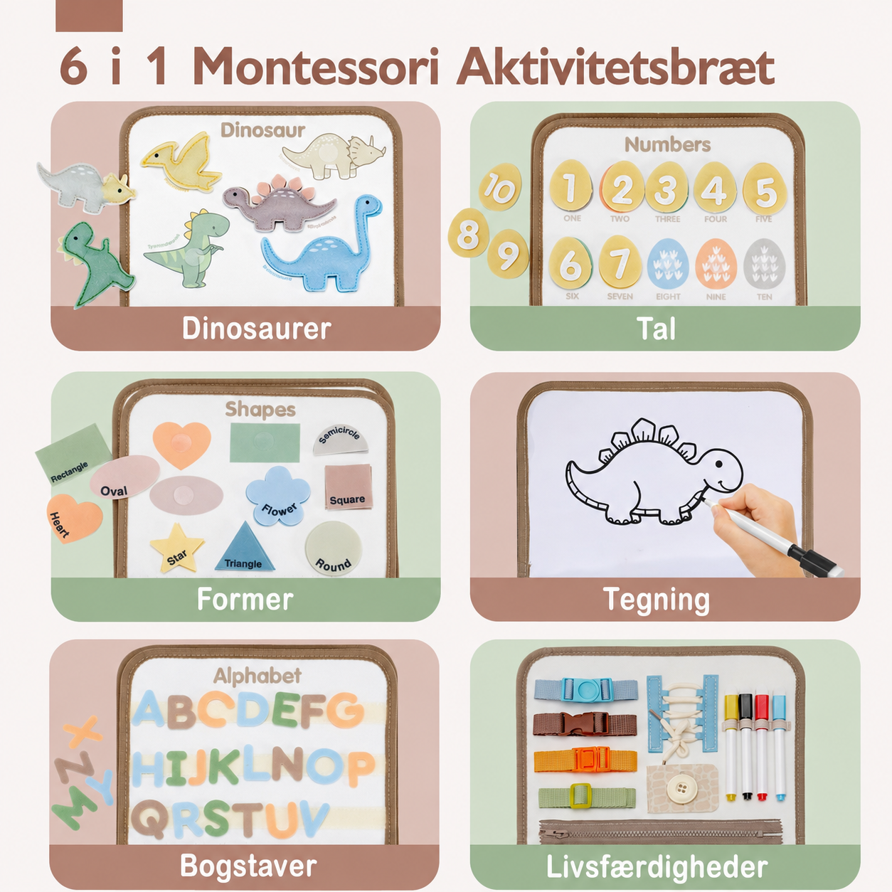 Sensorisk 6-i-1 Montessori Aktivitetsbræt