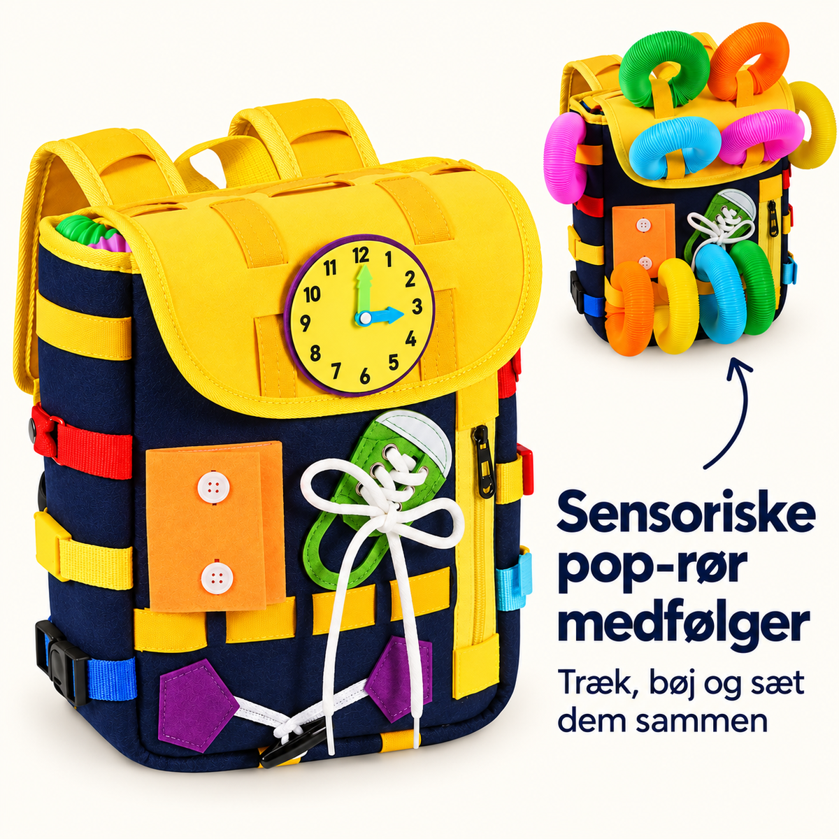 Aktivitetsrygsæk til børn med sanselegetøj – Busy board